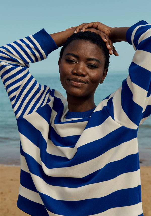 Paisie Contrast Stripe Sweatshirt in Marine Blue and Cream